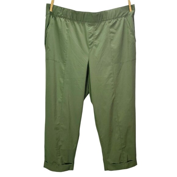 T by Tablots Womens Crop Pants Cuffed Green Lightweight Elastic Waist Petite LP - Picture 2 of 12